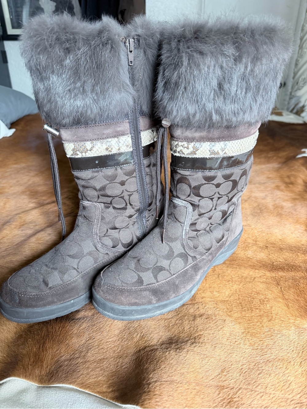 Coach Gray Faux-Fur Trim Signature Logo Winter Boots